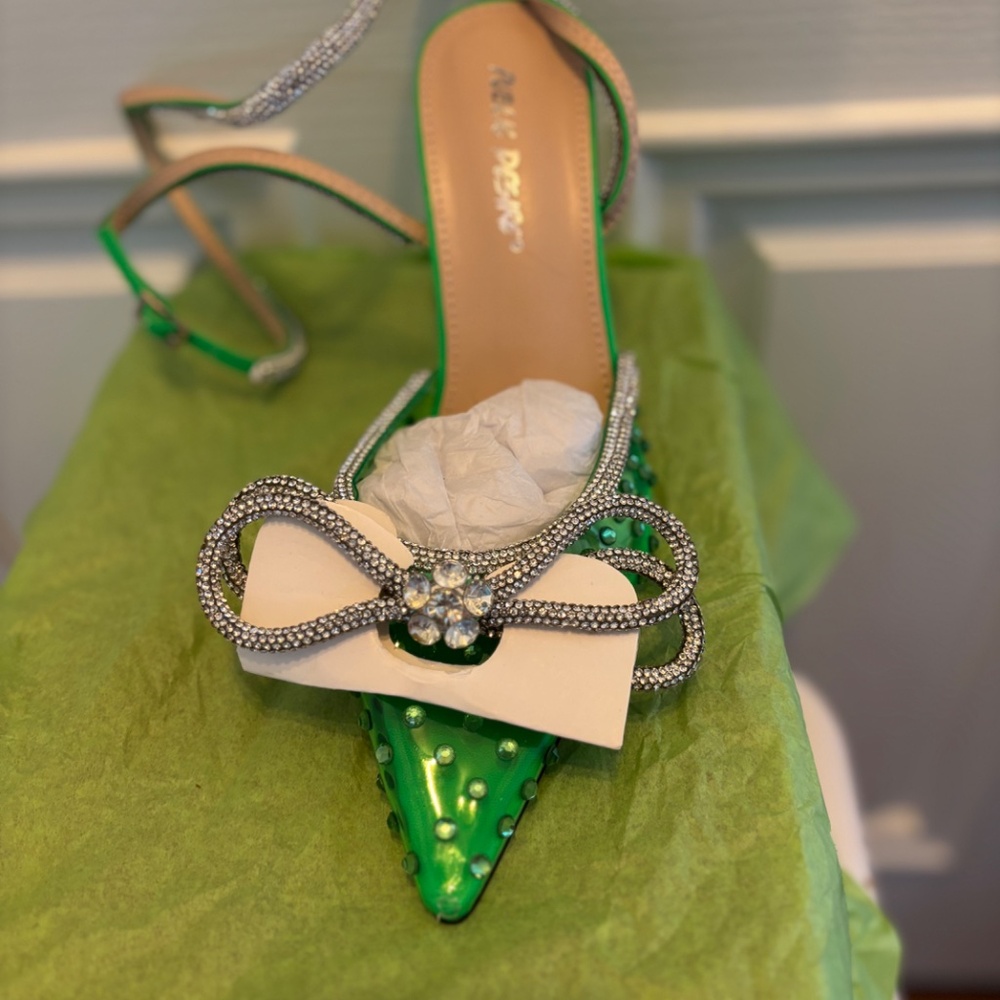 NEW Public Desire Azealia Neon Green Crystal Diamanté 7.5 Wrap Around Bow Heels - Picture 11 of 14